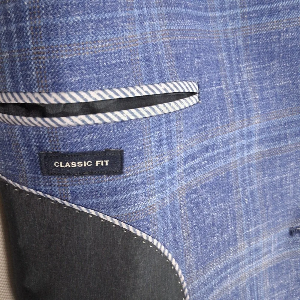 Joseph Abboud Sport Coat Mens 48 Long Blue Plaid Wool Silk Linen Classic Fit